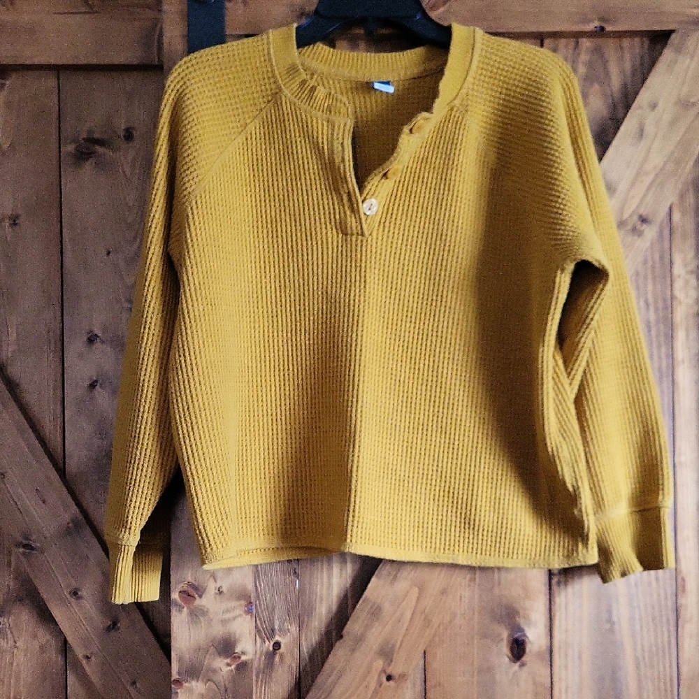 Old Navy Mustard Yellow Waffle-Knit Henley Sweater,pit To Pit 23,length 22